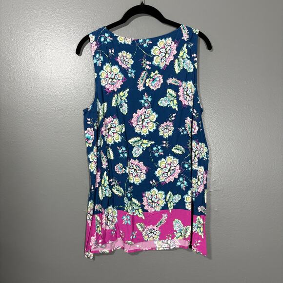 J Jill Women's Blue Floral Pink Contrast Sleeveless Top - Size Small - Boat Neck - Picture 7 of 7